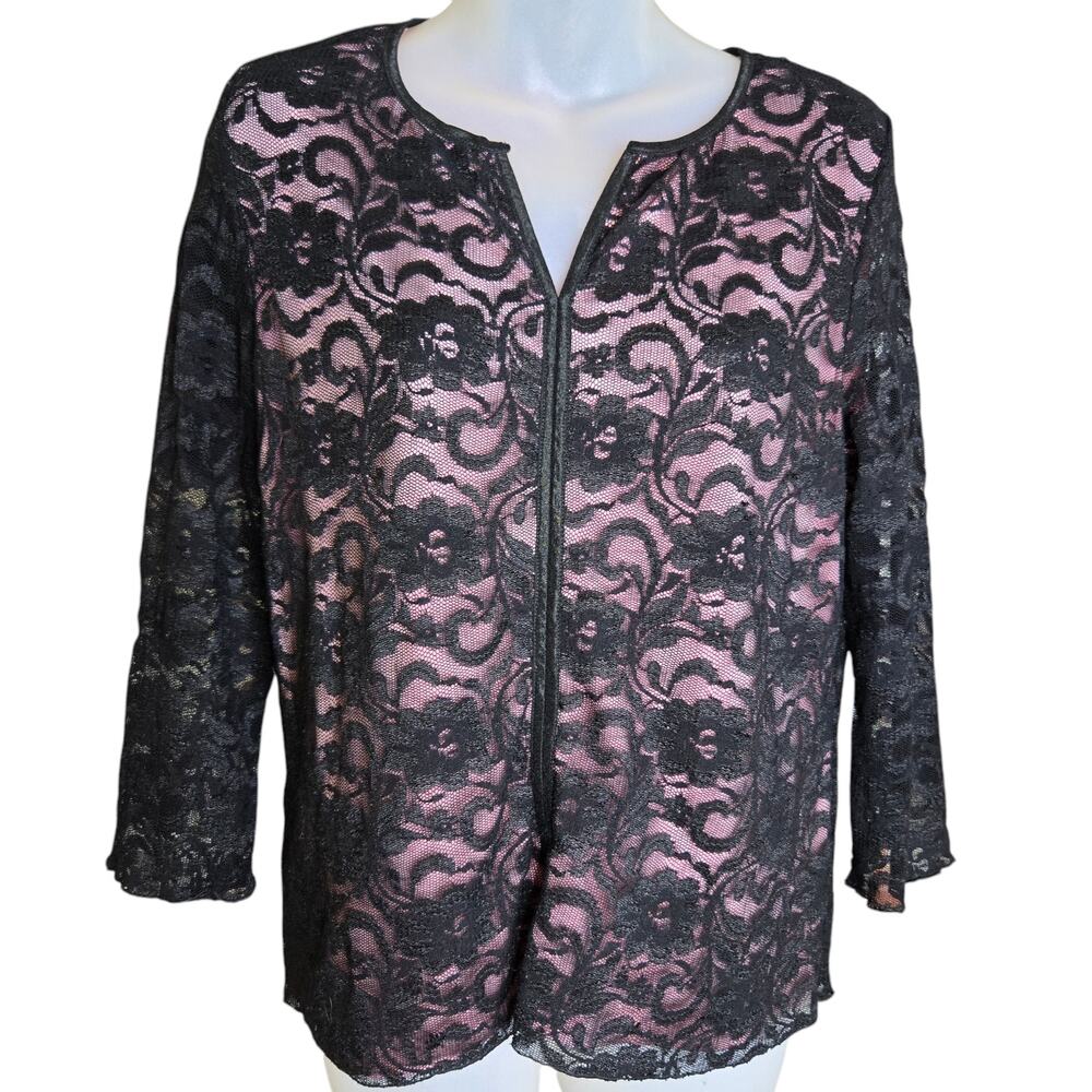Tribal Womens Top L Black‎ Lace Pink Lined Romantic Whimsigoth Stretch